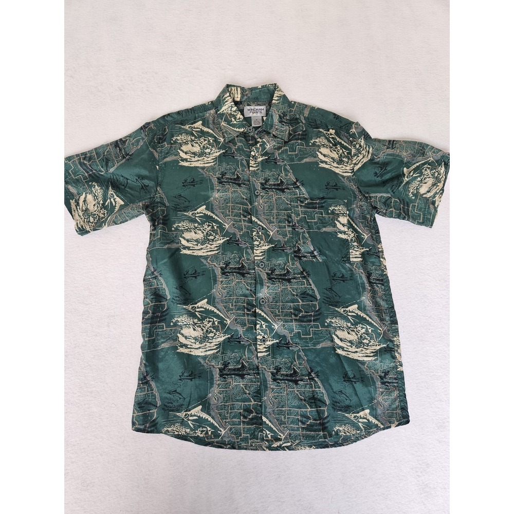 Men's M‎ Silk Hawaiian Shirt Green Marlin Fishing Tropical Beach Resortwear